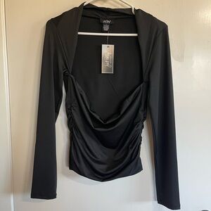 Just Polly Black Ruched Drape Long Sleeve Blouse Size Large